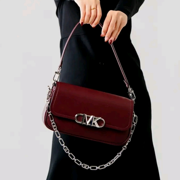 NWT $498 Michael Kors Parker Convertible Pochette Merlot Leather  Silver Logo - Picture 1 of 11